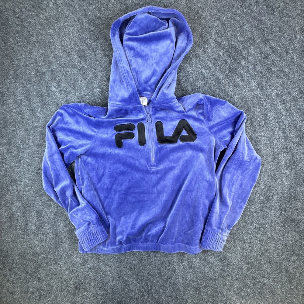 Vintage FILA Hoodie Womens Small Blue Logo Velvet Stretch Quarter Zip Winter
